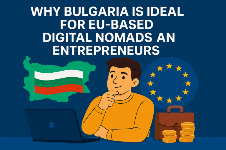 Illustration of a curious digital entrepreneur sitting at a laptop, surrounded by Bulgarian and EU symbols, coins, and a briefcase, representing the concept of remote work and entrepreneurship in Bulgaria.
