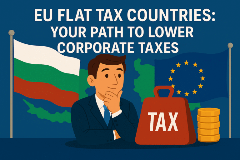 Illustration of a man thinking about taxes, with Bulgarian and EU flags, a tax suitcase, and coin stacks under the title “EU Flat Tax Countries: Your Path to Lower Corporate Taxes