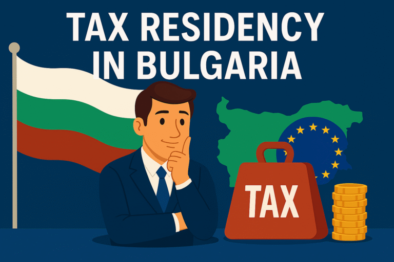 A digital illustration showing a thoughtful professional surrounded by symbols of Bulgaria and the European Union, with icons representing tax documents and residency, highlighting the theme of tax residency in Bulgaria.