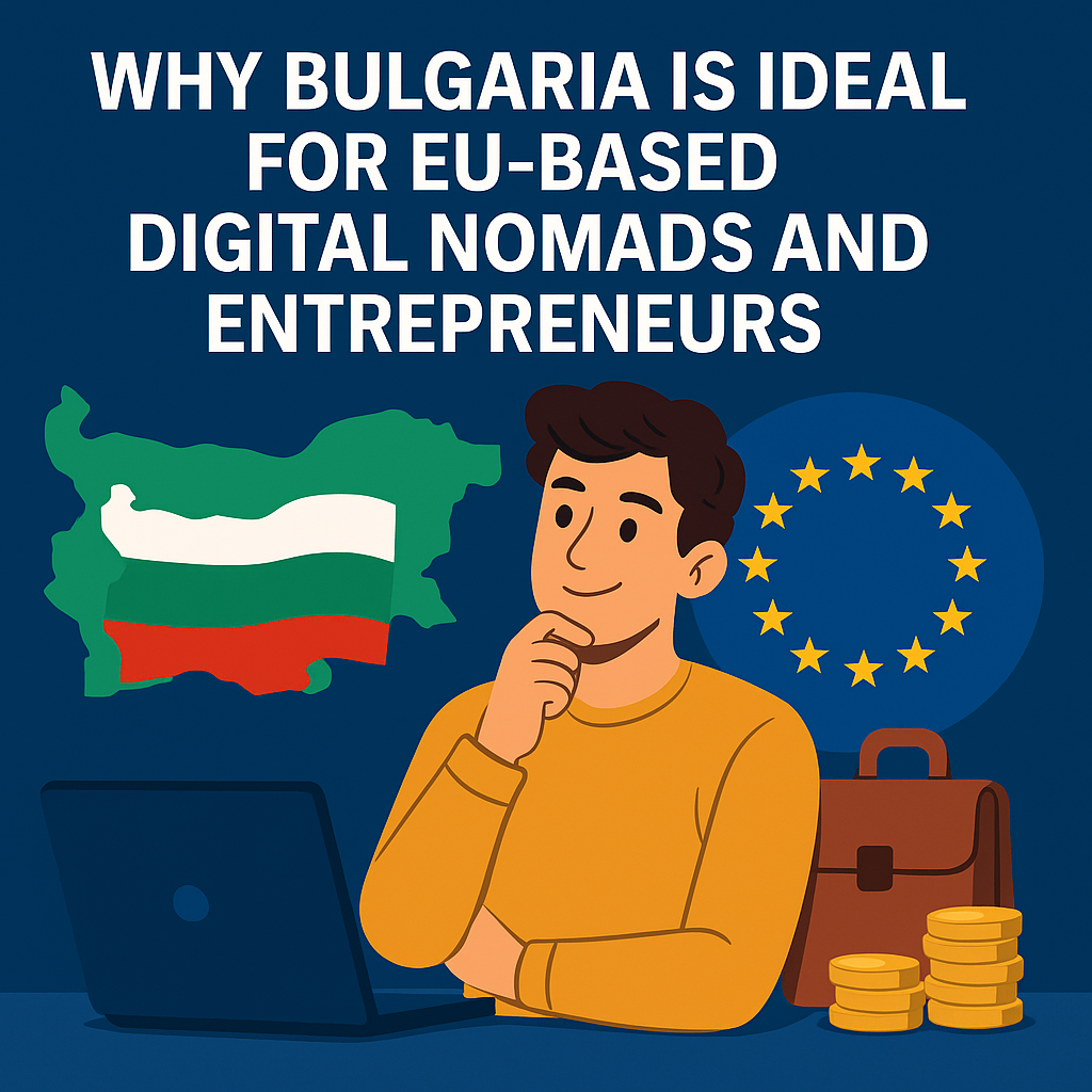 Illustration of a curious digital entrepreneur sitting at a laptop, surrounded by Bulgarian and EU symbols, coins, and a briefcase, representing the concept of remote work and entrepreneurship in Bulgaria.